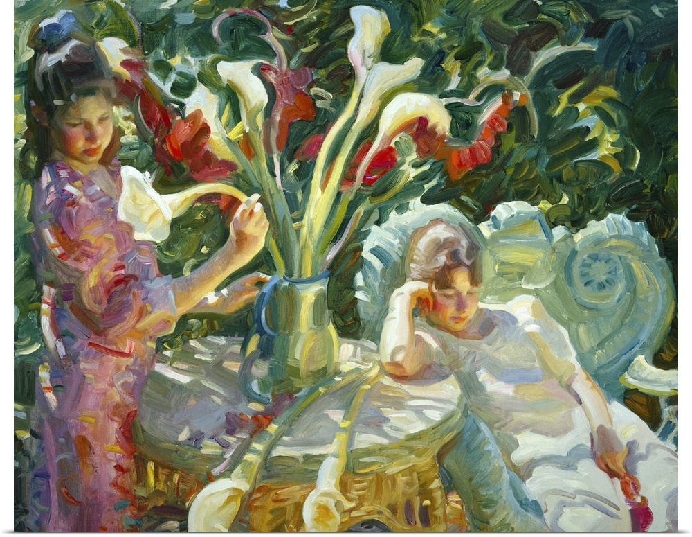 A contemporary painting tow girls sitting at a table in a garden.