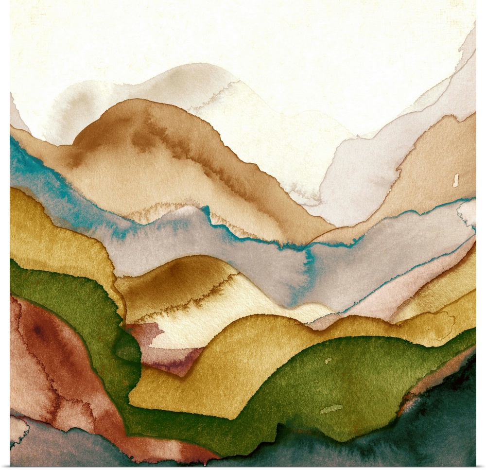Contemporary abstract watercolor painting of different layers overlapping resembling a landscape.