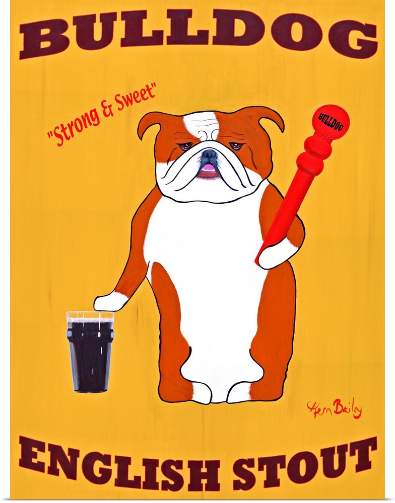 A vertical painting that is inspired by retro advertisements for a stout style beer with a cartoonish dog holding a beer t...