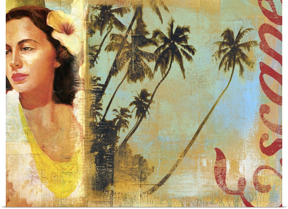 Large collage of a woman with a tropical flower in her hair and the silhouette of palm trees over a grungy background on a...