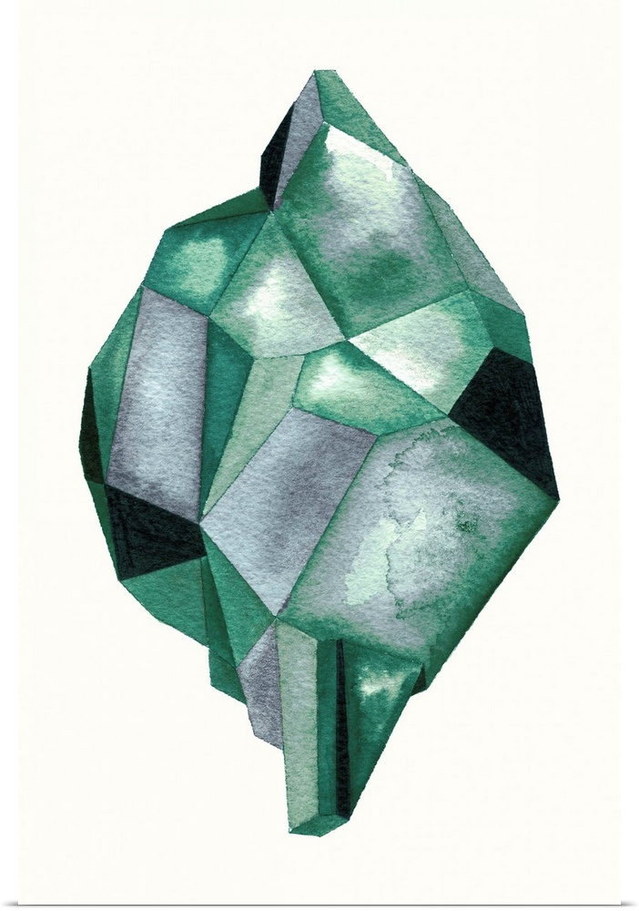 A contemporary abstract watercolor painting of an emerald colored crystal-like shape.