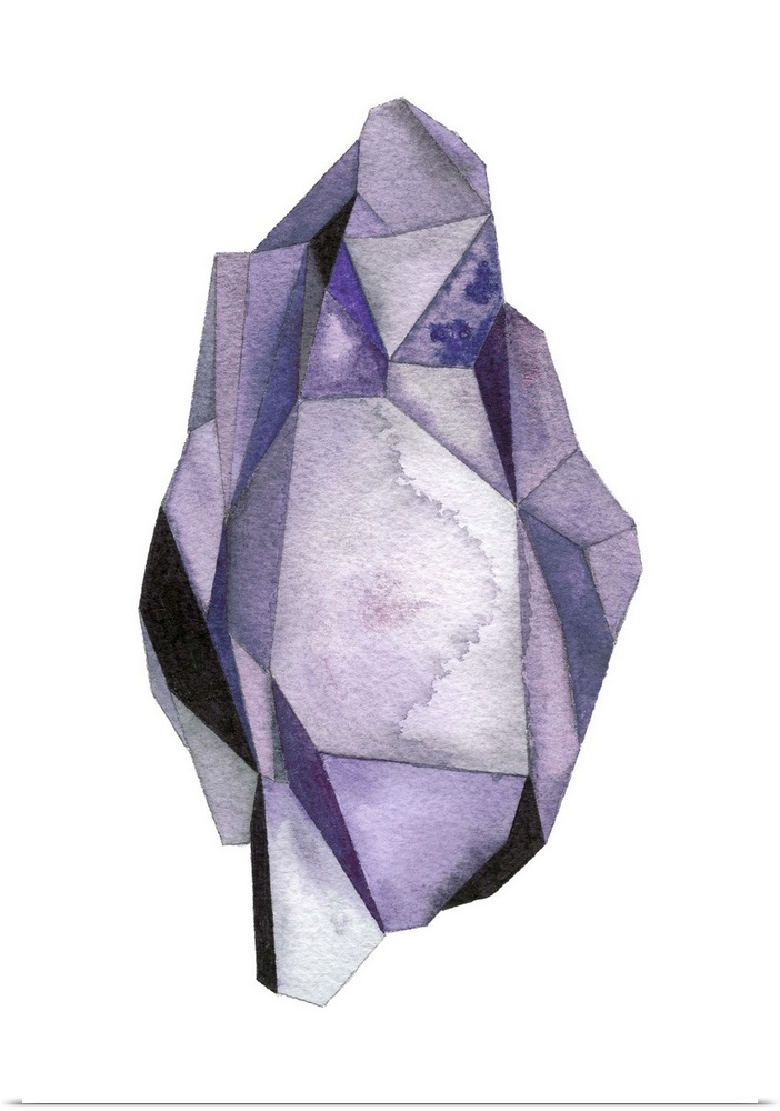 A contemporary abstract watercolor painting of an amethyst colored crystal-like shape.