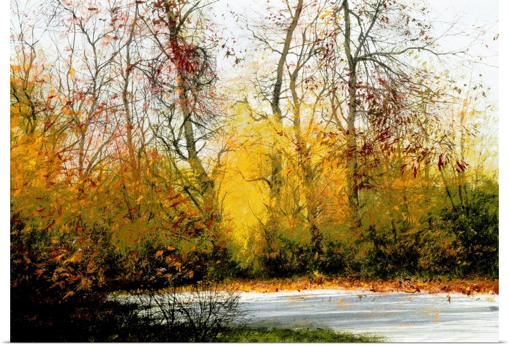 Contemporary painting of an Autumn landscape with brightly colored trees.