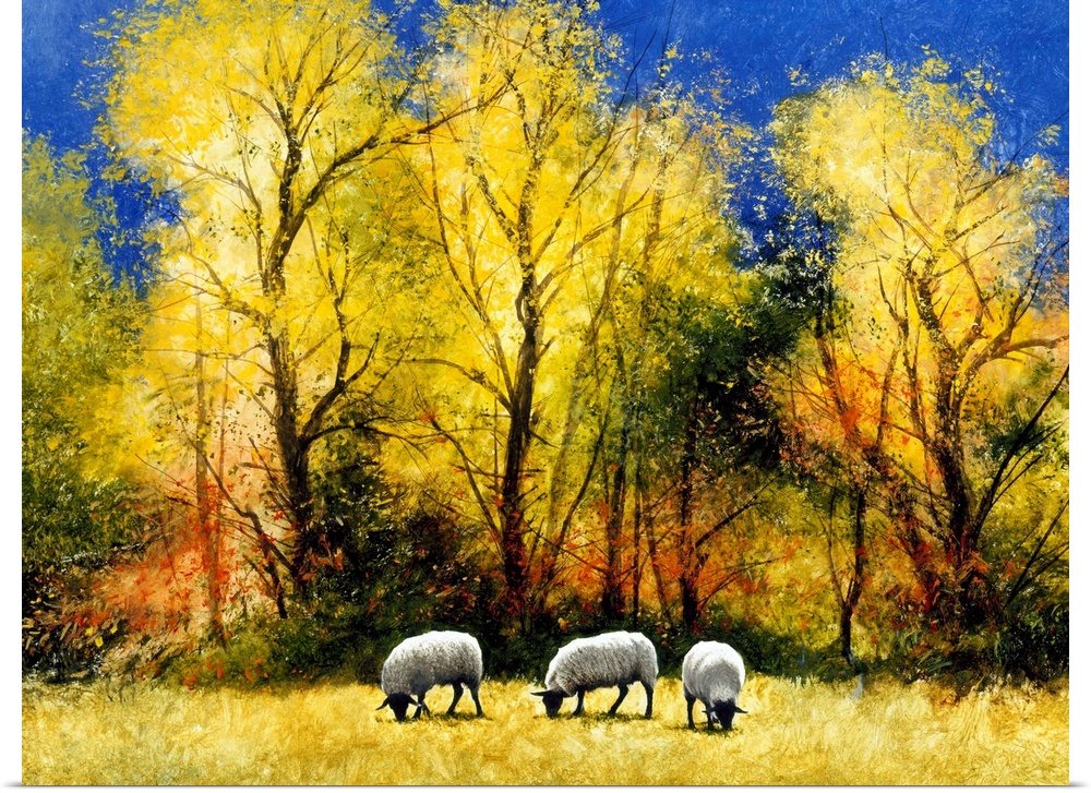 Contemporary painting of three sheep grazing in an Autumn field.