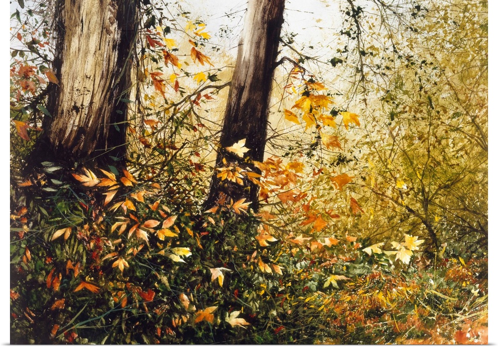 Contemporary painting of Fall leaves blowing in the wind in the middle of the woods.