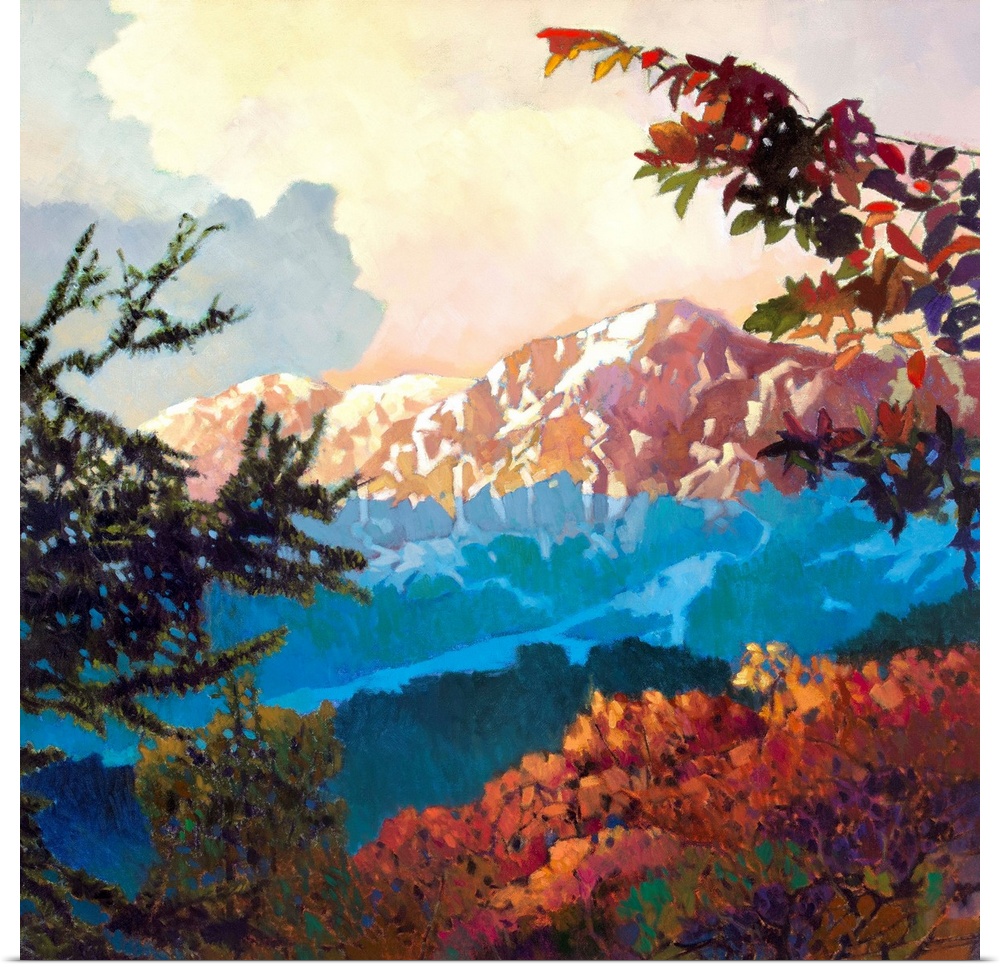 Contemporary painting of a mountain range covered in snow, seen from the trees below.