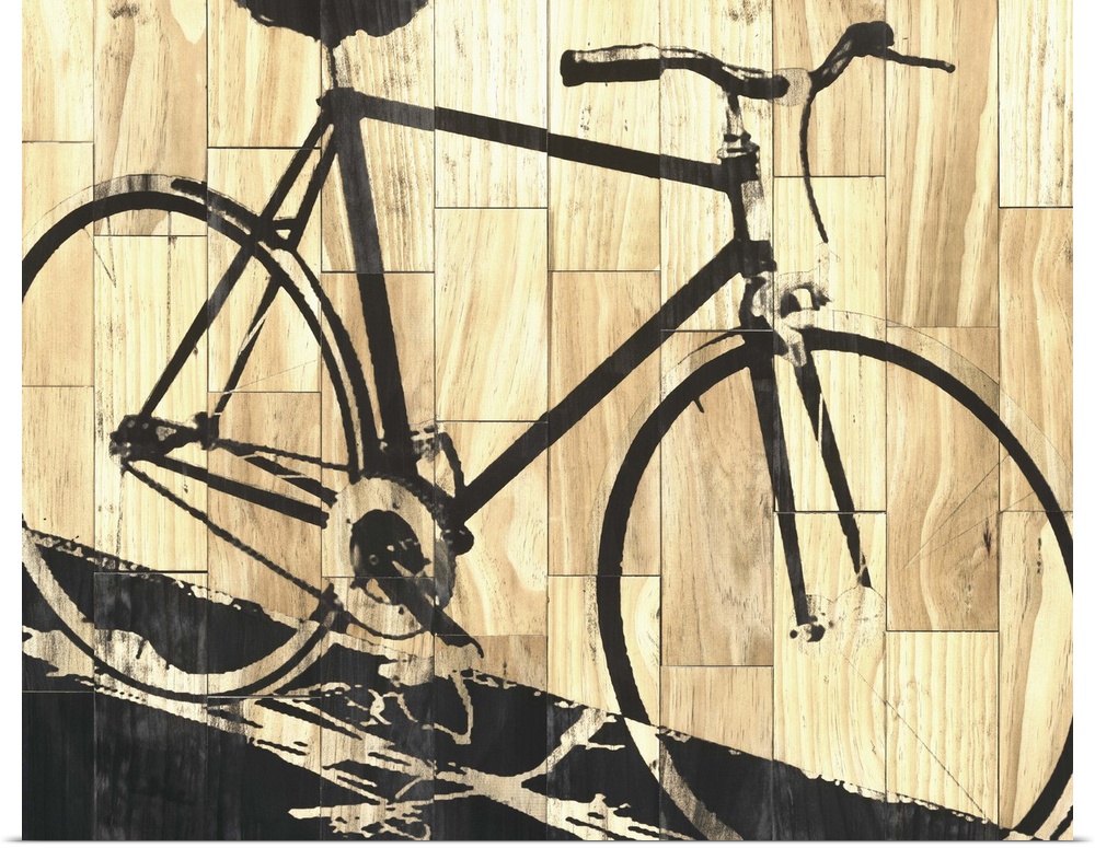 Painting of a bicycle on wooden blocks.