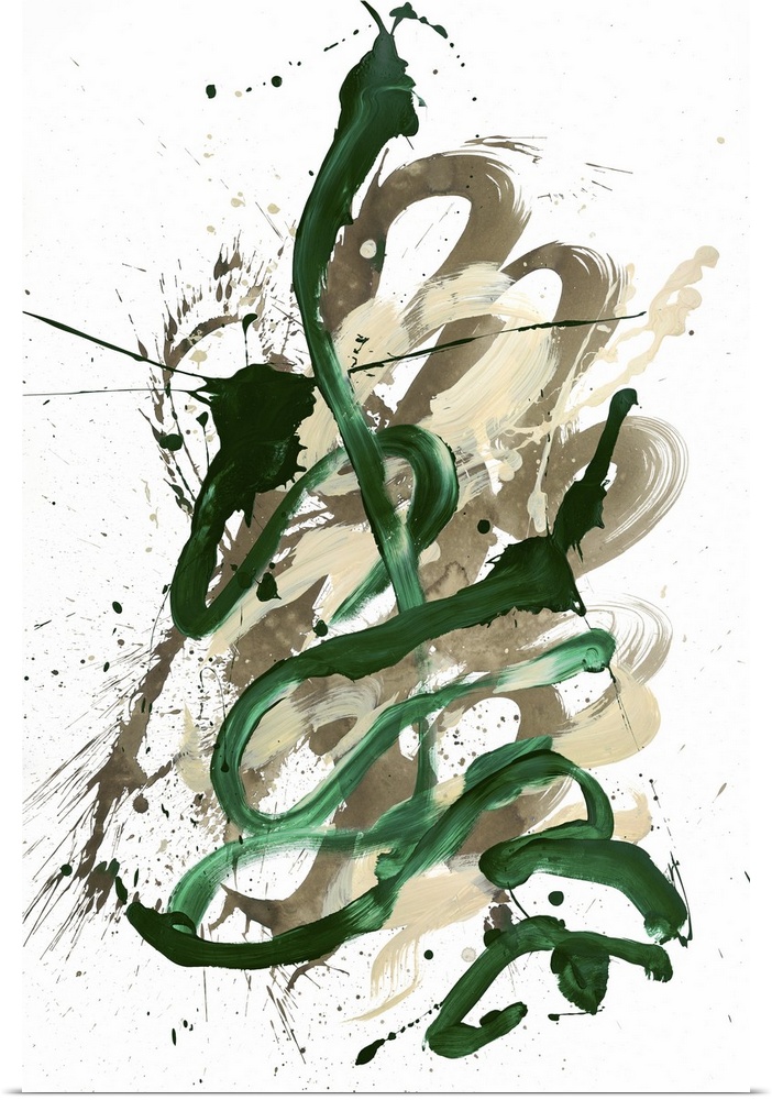 Busy abstract painting created with bold, sporadic lines in dark green and shades of beige hues on a white background.