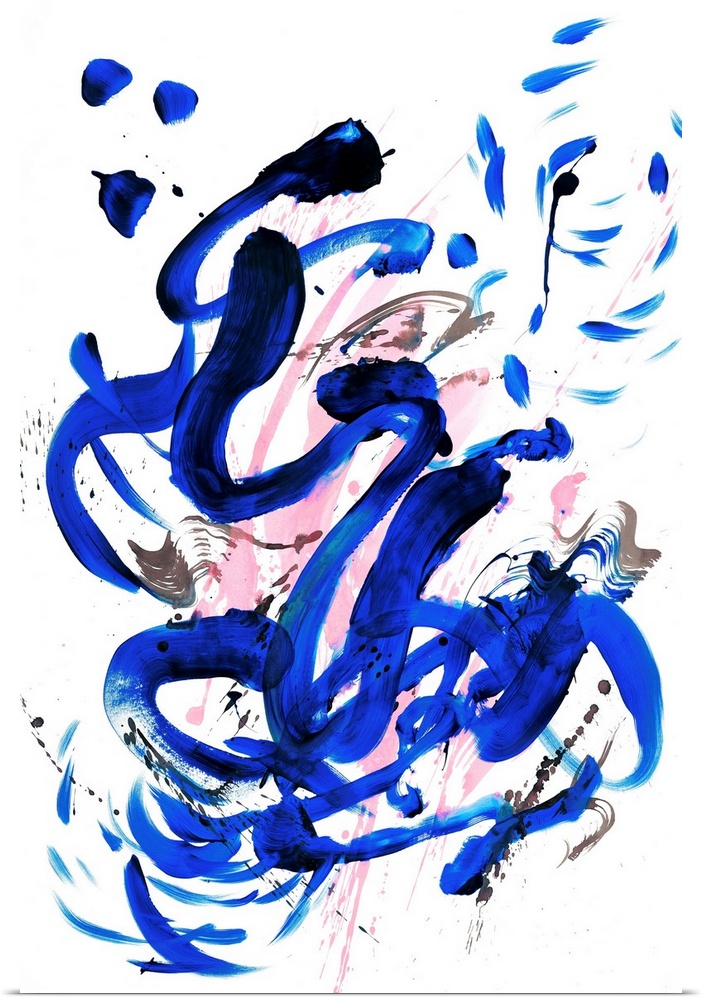 Busy abstract painting created with bold, sporadic lines in royal blue and pink hues with a hint of black on a white backg...