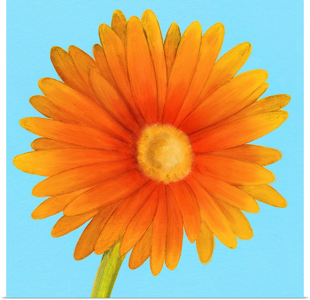 A contemporary painting of a close-up of an orange flower against a blue background.