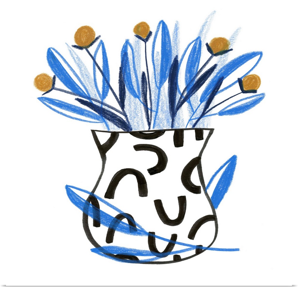 Illustration of a patterned flower pot holding flowers with blue leaves.