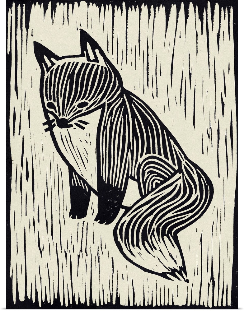Cute linocut print illustration of a fox.
