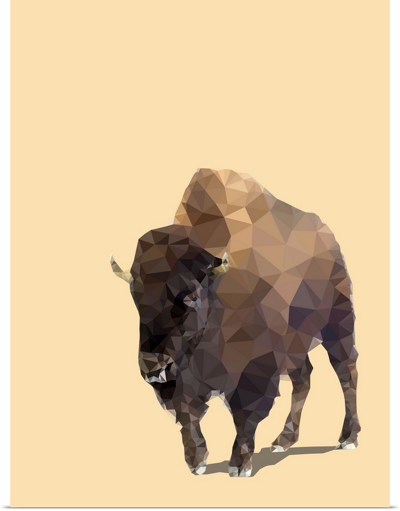Illustration of a bison created using geometric shapes on a pale orange background