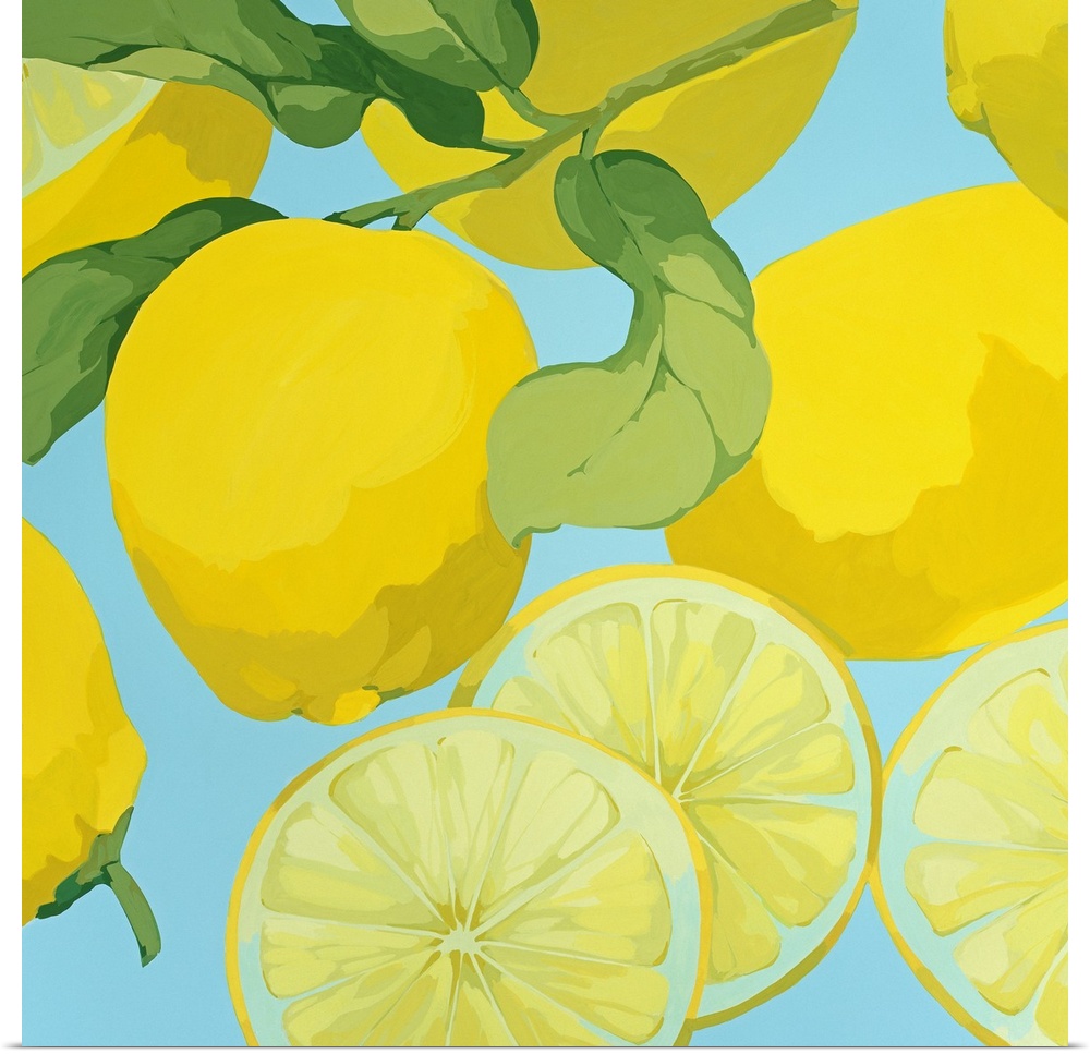 Square canvas painting of lemons on a pastel background.