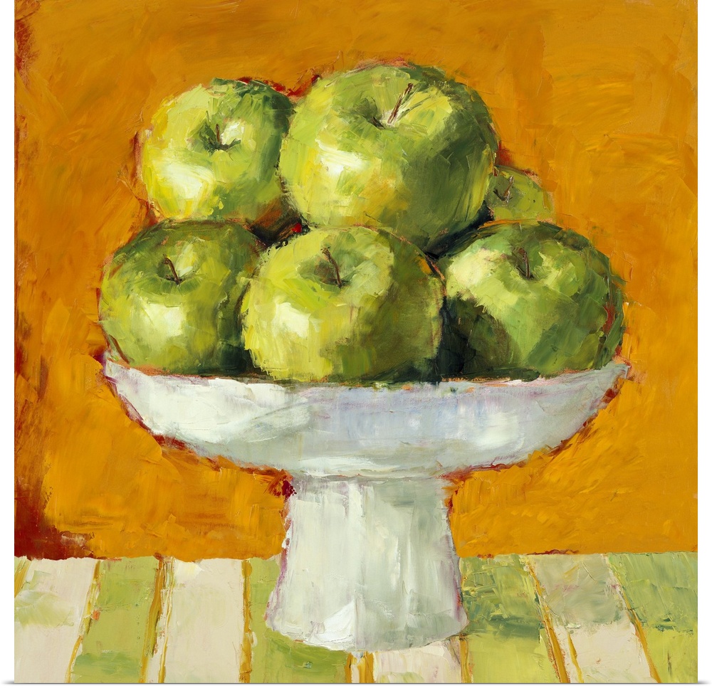 Still life painting of a bowl of green apples.