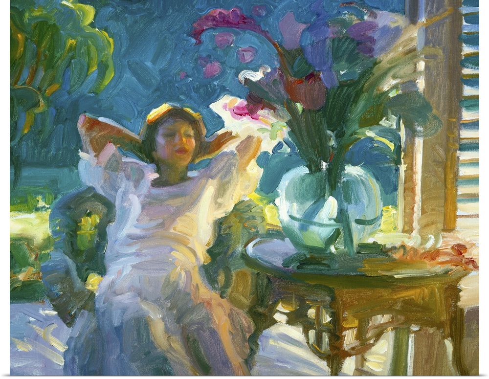 A contemporary painting of a woman sitting in a chair and admiring a bouquet of flowers in a vase.