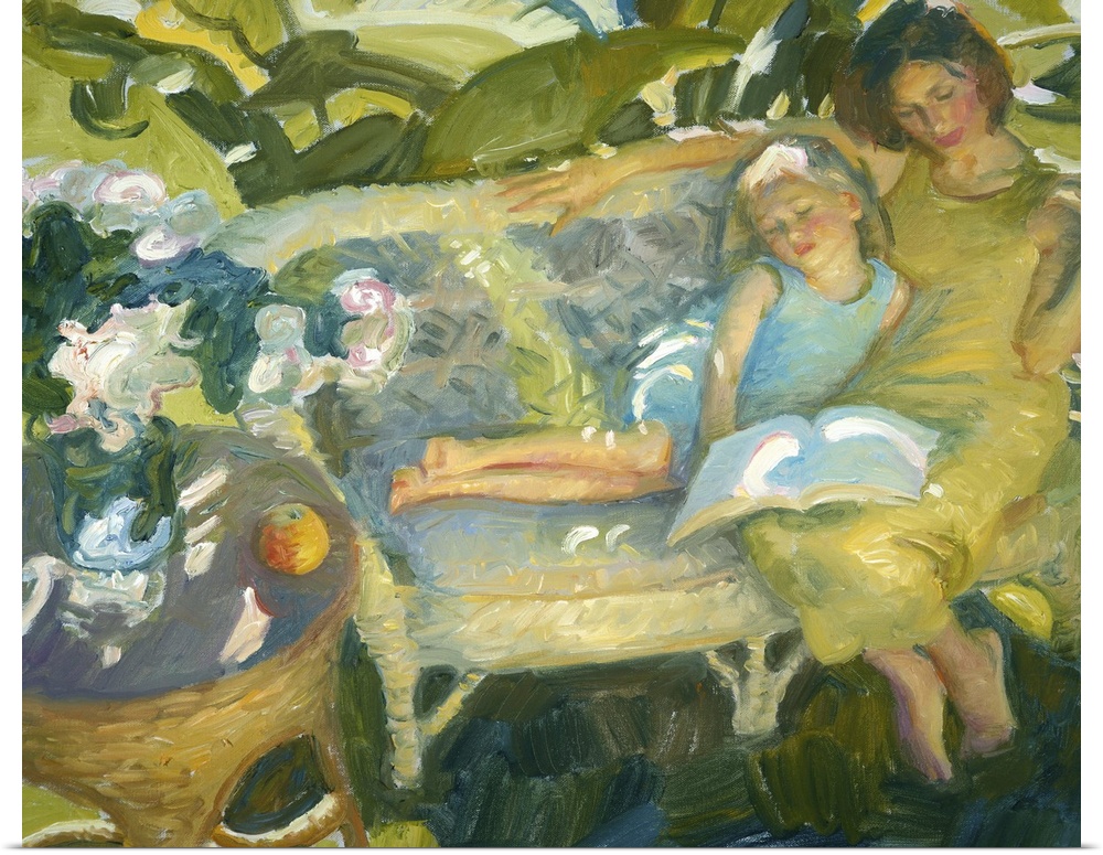 A contemporary painting of a mother and daughter sitting together and reading in a garden.