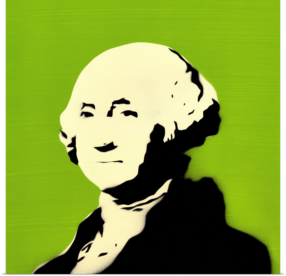Square spray art of George Washington on a bright green background.