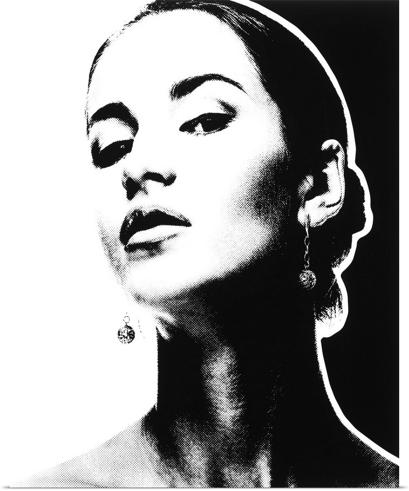 Black and white pointillism illustration of a woman.