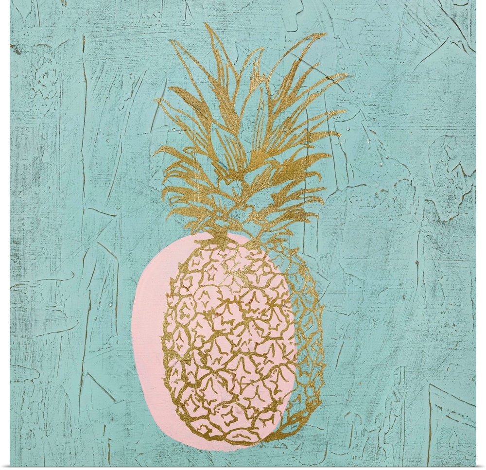 Square painting of a metallic gold pineapple with a pink shadow on a textured teal background.