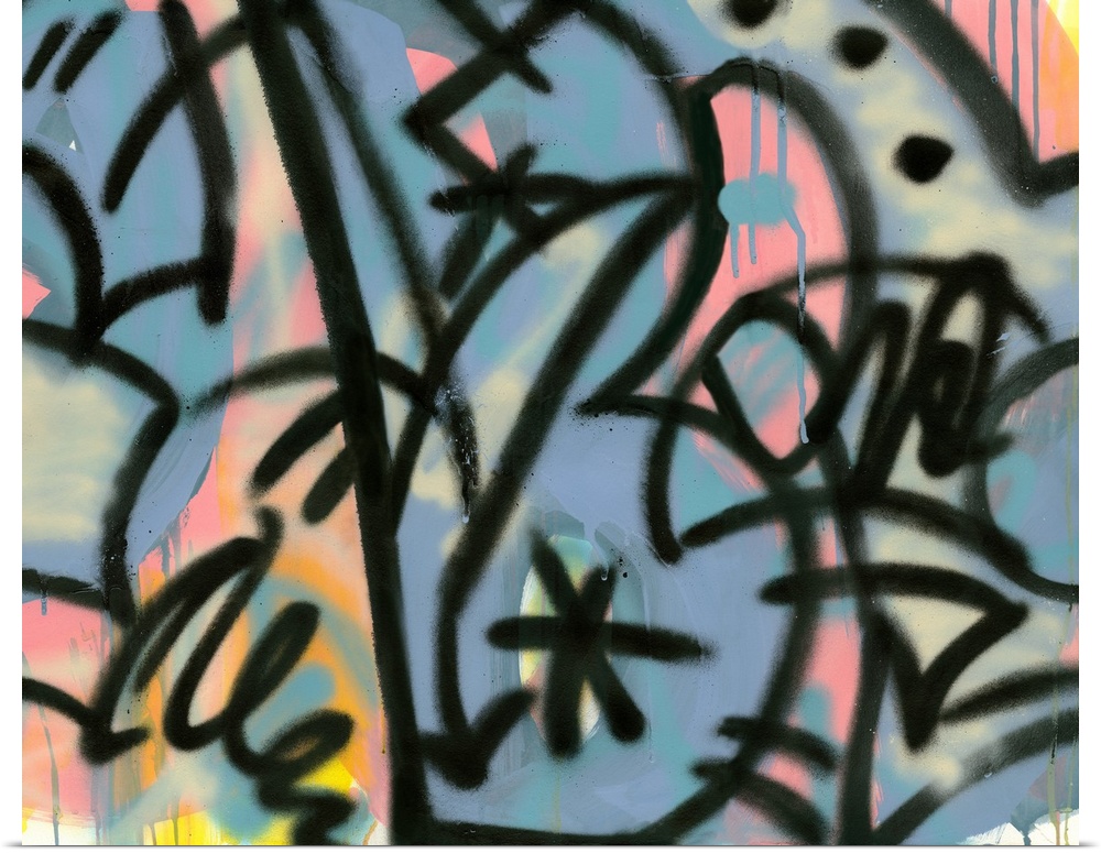 Close up of graffiti in pastel colors contrasted with bold black outlines.