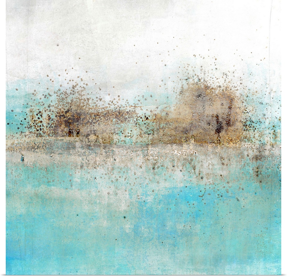 Square abstract painting with a brown  paint splattered horizon line with light blue and grey hues throughout.
