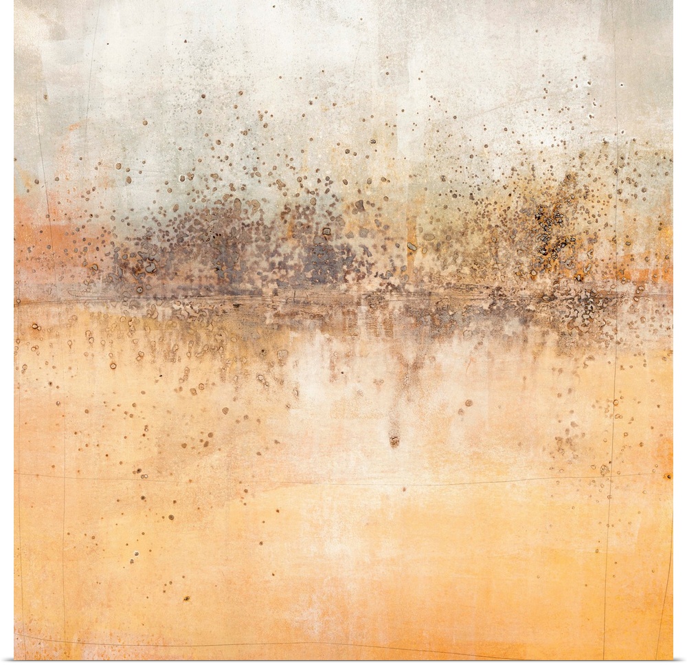 Square abstract painting with a brown paint splattered horizon line and shades of orange, grey, and white throughout.