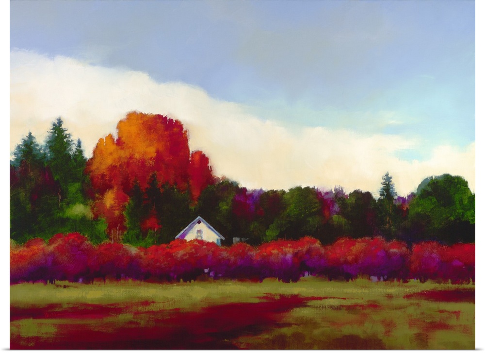 Contemporary landscape painting of purple-toned vines in a field with a small white house.