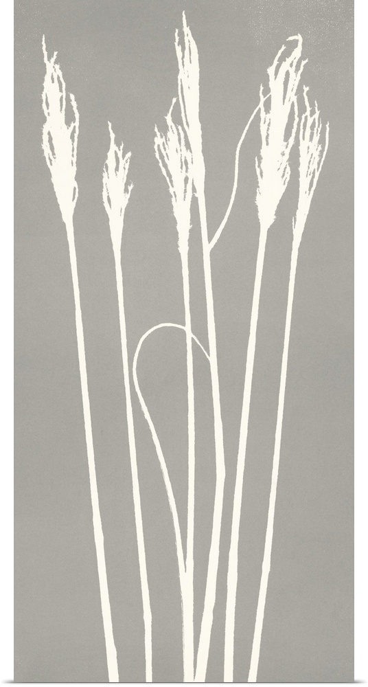 Monoprint image of several wheat stalk silhouettes on a grey background.