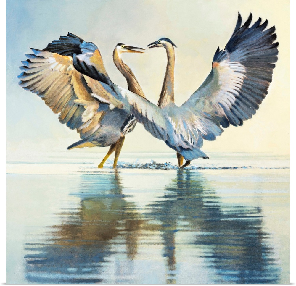 Contemporary painting of two herons with their wings outstretched and reflections in the water.