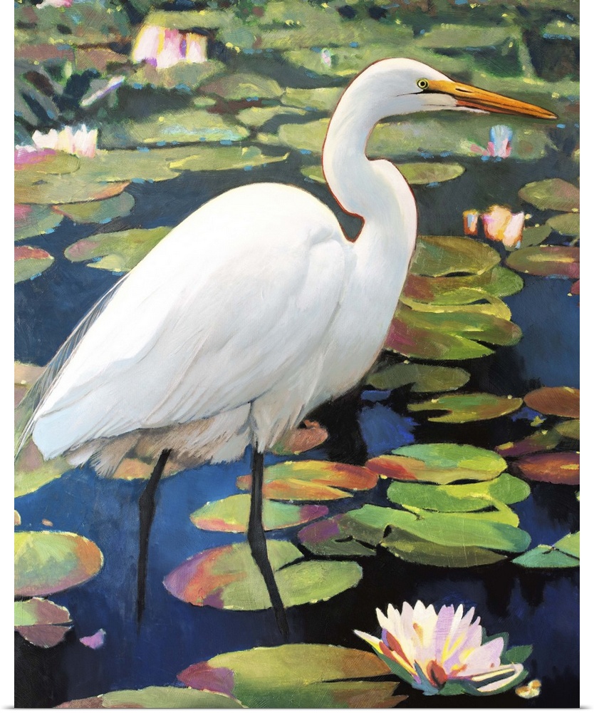 A contemporary painting of a great egret.