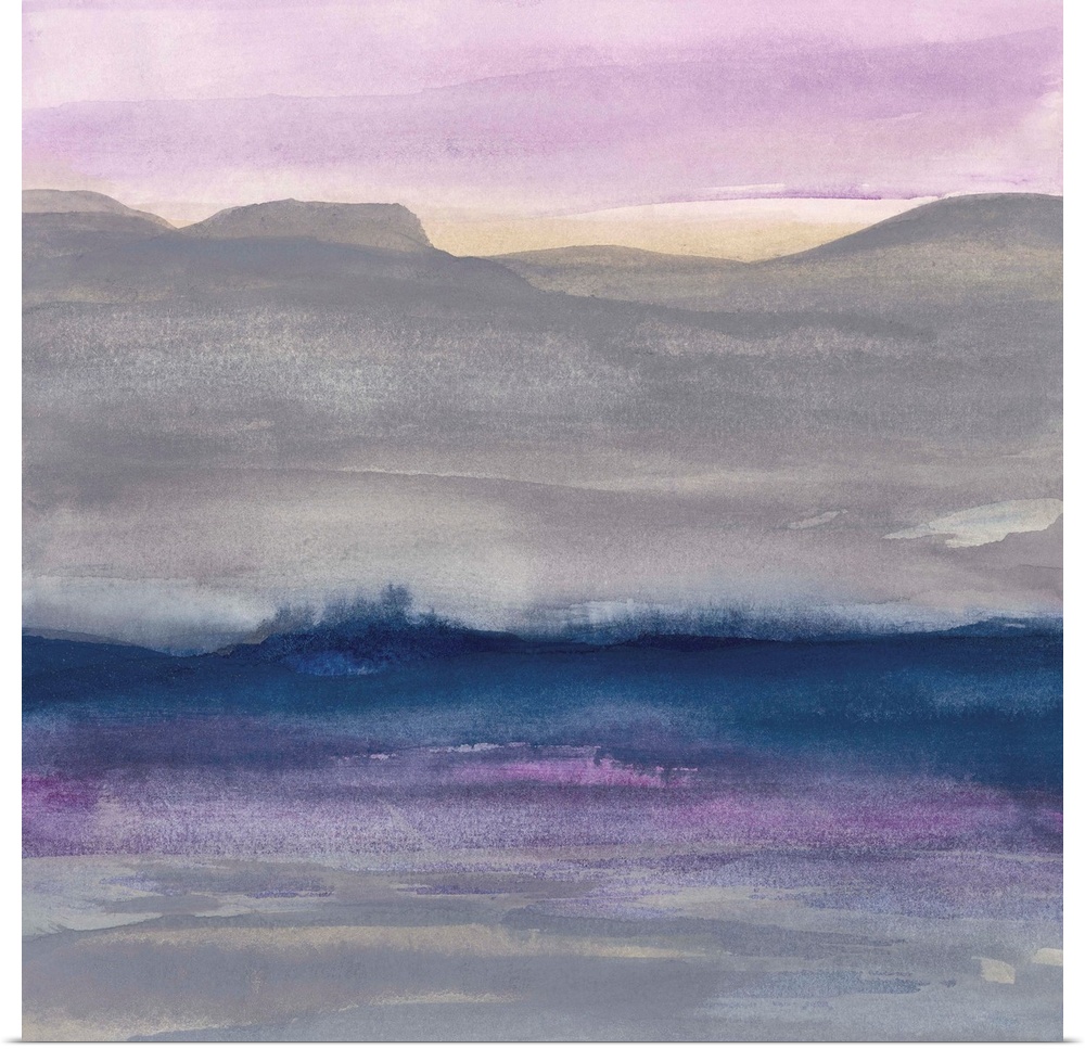 Watercolor landscape painting with grey hills and a lavender sky.