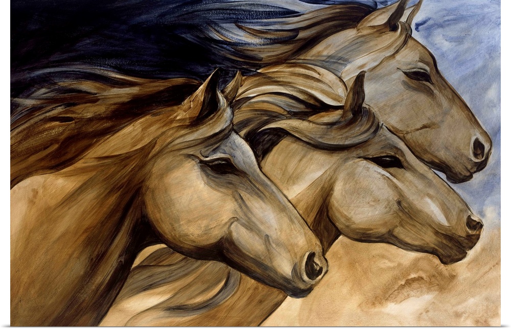Artwork of three horse heads in neutral tones.