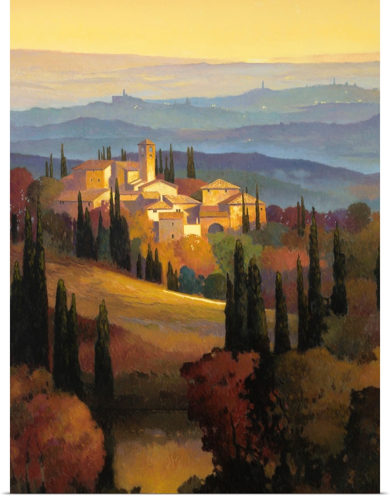 This is a contemporary painting of the Tuscan countryside at sunset on vertical wall art.
