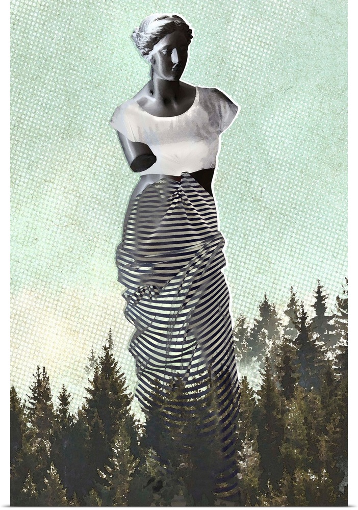 Abstract image of a statue wearing clothes on top of tree tops created with mixed media.