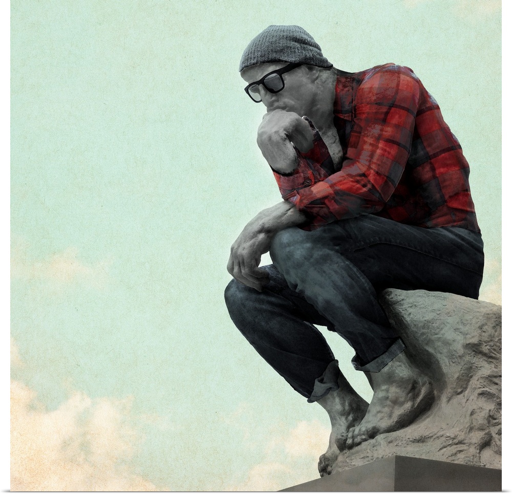 Humorous illustration of the Thinker statue dressed up like a hipster.