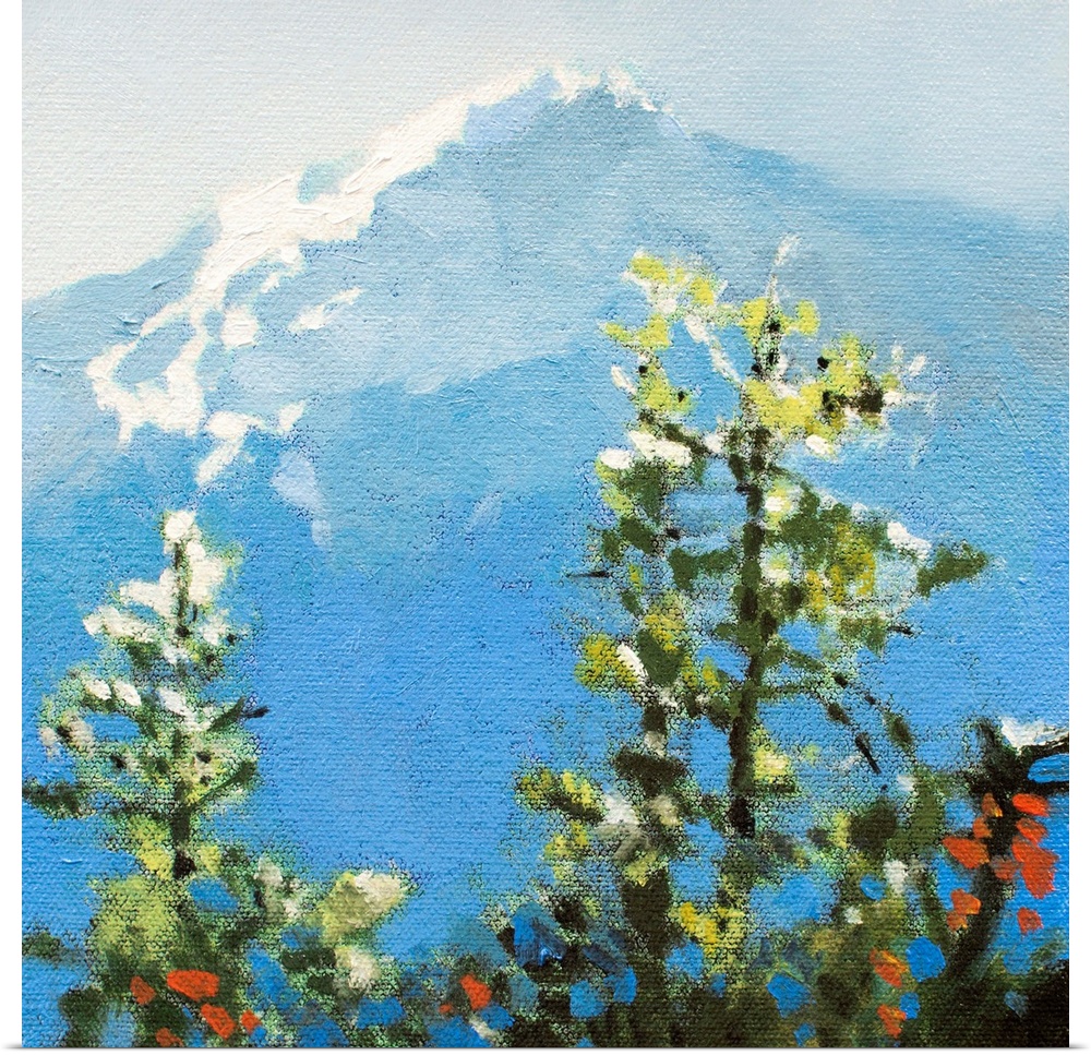 Contemporary painting of a view of a mountain peak from a forest canopy.