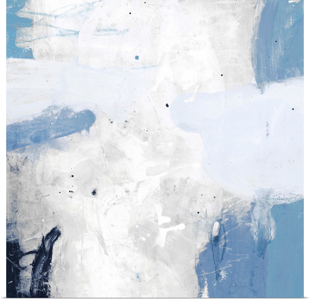 A contemporary abstract painting using pale messy blue and white tones.