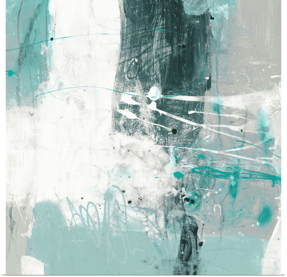 A contemporary abstract painting using pale messy teal and white tones.
