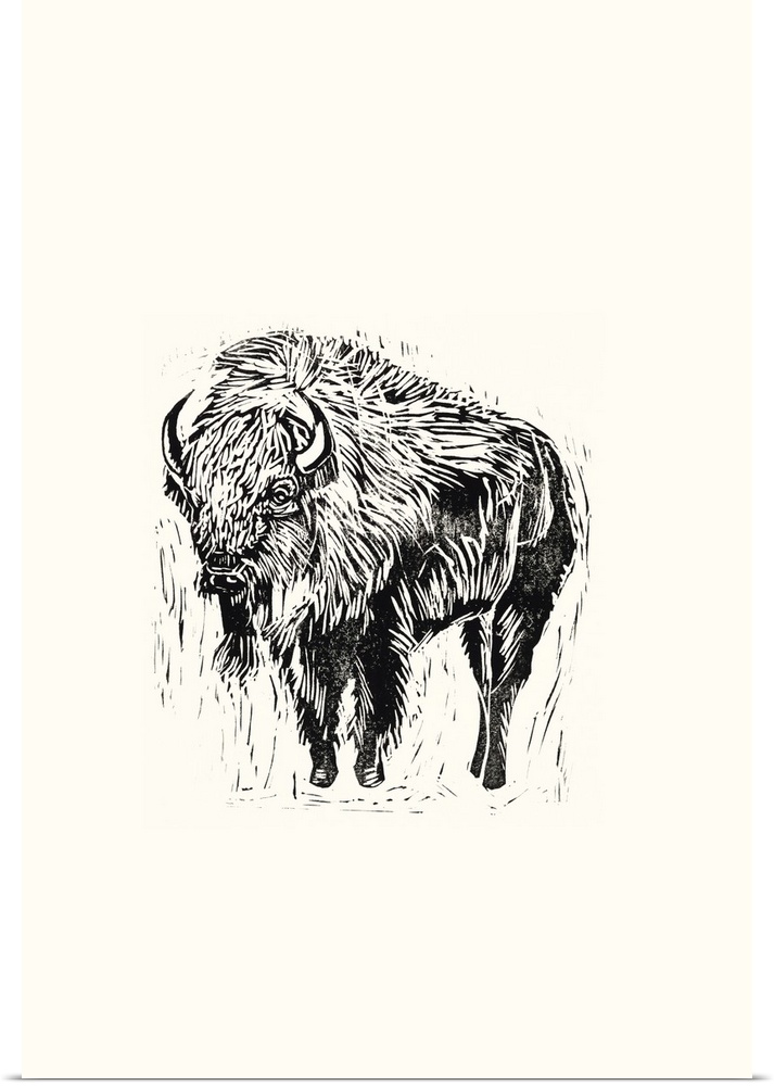 Black and white block print illustration of a bison on an off white background.