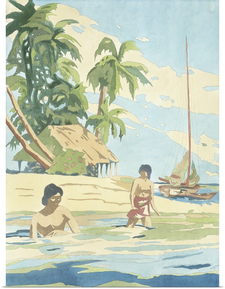 Artwork of Polynesian islanders on the beach with traditional homes and boats.