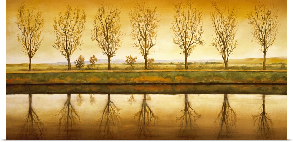 Contemporary art on a landscape canvas of a line of seven trees with nearly bare branches, reflecting in the water in the ...