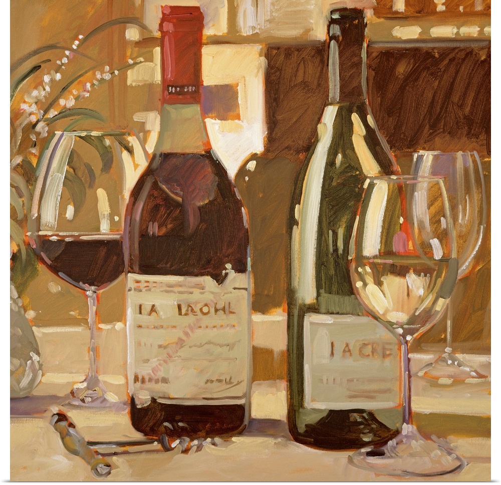 Square painting on a big canvas of two bottles of wine on a table, one red and one white, with a poured glass of each sitt...