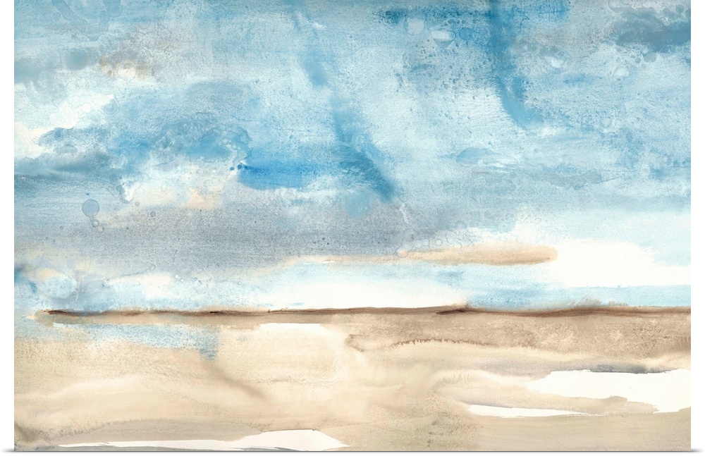 Contemporary landscape watercolor painting with a blue sky and beige ground.