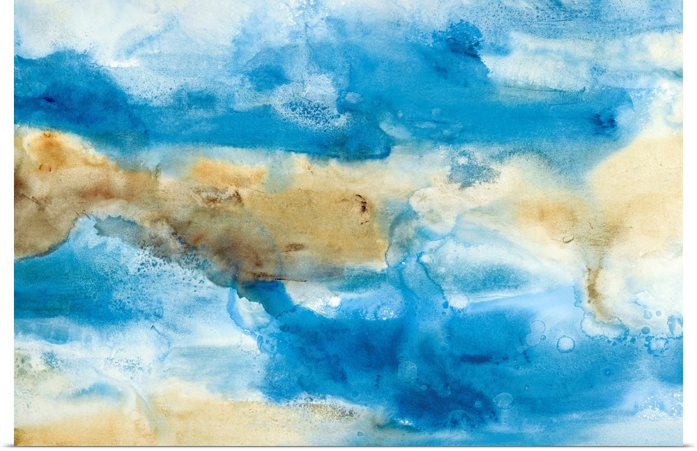 Contemporary landscape watercolor painting in shades of blue and brown hues.