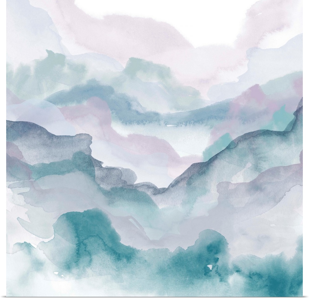 A contemporary abstract watercolor painting resembling a landscape vista.