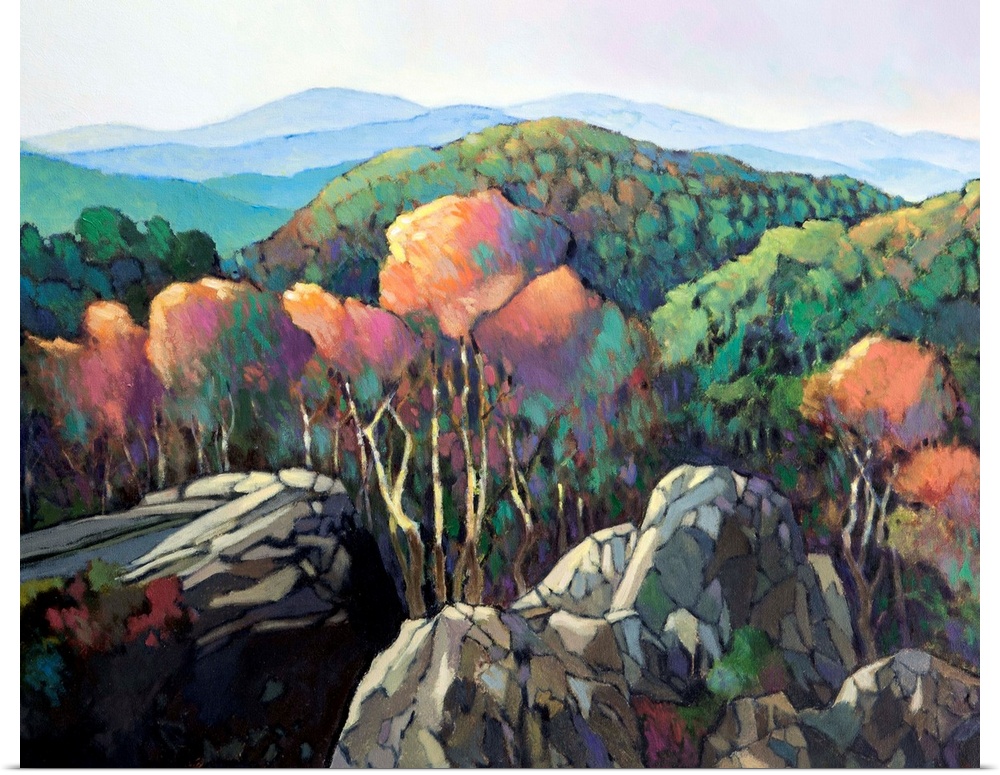 A contemporary painting of a view looking over a forested mountain valley.