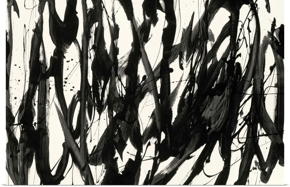A contemporary abstract painting using bold black lines against a cream background.