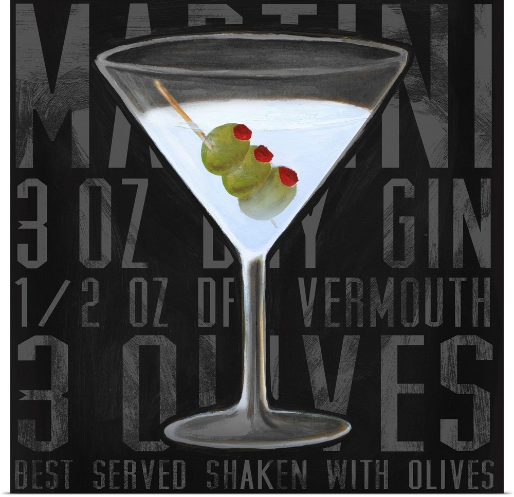Contemporary artwork of a cocktail against a background of the recipe to make the drink.