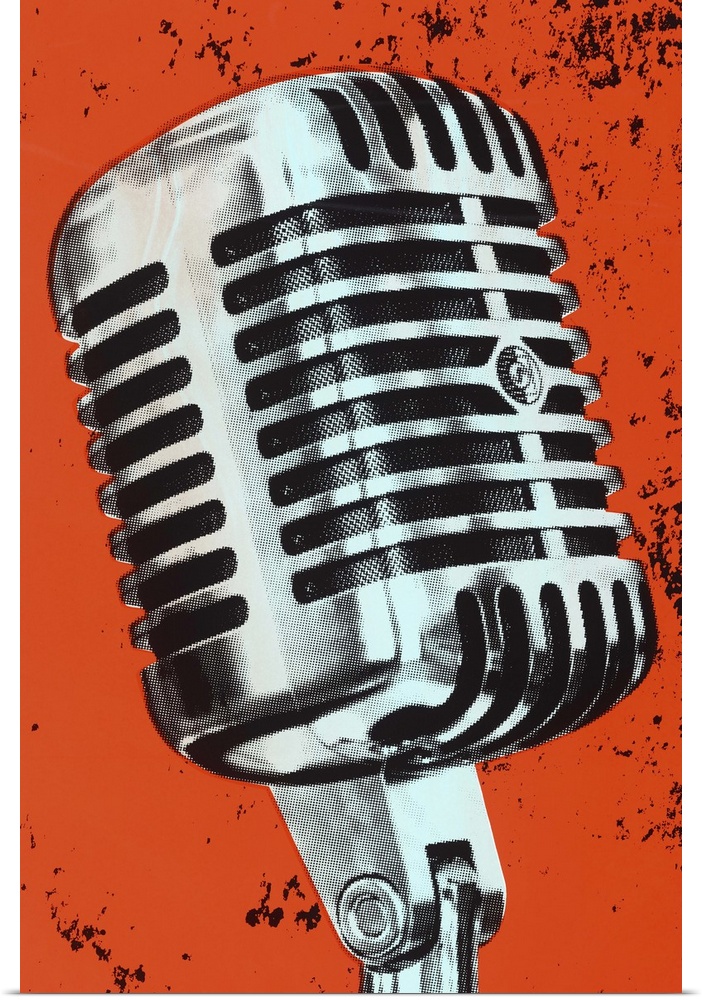 Contemporary pop art style artwork of a microphone against a dark orange background.